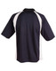 A men's polo shirt in navy blue with white accents and a logo on the back.