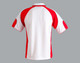 A polo shirt featuring a white body with red sleeves and accents. It has a logo on the chest area.