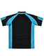 A black polo shirt with blue accents and a logo on the back.
