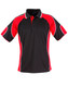A black and red polo shirt featuring contrasting white piping and a branding logo.