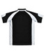 A black and white men's polo shirt featuring a logo, with a short sleeve design and a sporty look.