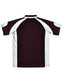 A brown and white polo shirt featuring a logo, with contrasting panels on the shoulders and sleeves.