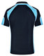 A navy blue polo shirt with light blue accents and a logo on the back.