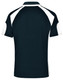A men's polo shirt in navy with white detailing and a logo on the back.
