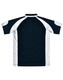 A navy blue and white men's polo shirt featuring a logo. The design includes short sleeves and a collar.
