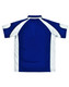 A blue and white men's polo shirt with short sleeves and a logo on the back.