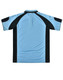 A light blue and black men's polo shirt featuring a logo, shown from the back.