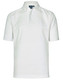 A white polo shirt with a classic collar and short sleeves, featuring a branded logo.