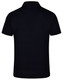A black textured polo shirt featuring a collar and short sleeves, with a logo on the back.