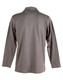 A grey long sleeve polo shirt with a collar, featuring a logo on the back.