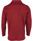 A long sleeve polo shirt in a rich red colour, featuring a collar and a back view, with a logo present.