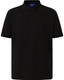 A black men's polo shirt featuring a collar, short sleeves, and a button placket. It has a logo on it.