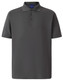 A grey men's polo shirt with short sleeves, featuring a three-button placket and a subtle logo.