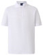 A white men's polo shirt featuring a collar and short sleeves, with a brand logo on the neckline.