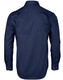 A navy blue men's button-up shirt featuring a dobby striped pattern and long sleeves. It has a branding logo.