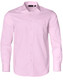 A pink long-sleeve button-up shirt with a pocket and a branding logo. Features a dobby striped pattern.