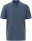 A navy blue men's cotton stretch polo shirt with a collar and three buttons, featuring a logo.