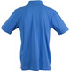 A blue men's polo shirt featuring a collar and short sleeves, with a logo on the back.