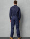 Navy blue men's cotton drill cargo pants with knee pads, featuring a fitted design and pockets.
