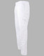 White chef pants with a relaxed fit and side pockets, featuring an elastic waistband and a branding logo.