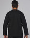 A black men's chef jacket with long sleeves and a collar, featuring a back vent and a logo.