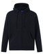 A navy full-zip fleecy hoodie with a hood and front pockets, featuring a logo.