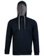 A black full zip fleece hoodie with a contrasting inner lining and a hood. Features pockets and a logo.