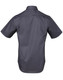 A short-sleeved men's button-up shirt in dark grey with a smooth finish and a logo on the back.