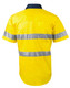 A bright yellow short-sleeved safety shirt with reflective silver stripes and a navy collar, featuring a logo.