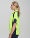 A side view of a men's bright yellow polo shirt with navy sleeve panels and a logo on the chest.