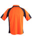 A back view of a men's polo shirt in high-visibility orange with navy blue sleeve panels. It features a logo.