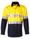 A yellow and navy long-sleeve safety shirt featuring reflective silver stripes and a logo.