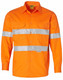 An orange long-sleeve drill shirt featuring reflective 3M tape and two chest pockets, with branding on the label.
