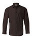A black long sleeve button-up shirt with a collar and a single chest pocket. It features a logo on the label.