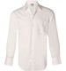 A white long sleeve button-up shirt with a front pocket and a collar, featuring a logo.