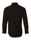 A black long sleeve button-up shirt featuring a sleek design and a logo on the back.