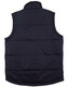A dark navy padded vest with a collar and quilted design, featuring a visible logo on the backside.
