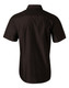 A short sleeve button-up shirt in black, featuring a back yoke and a logo on the fabric.