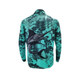 A teal and black men's polyester spandex pullover featuring a fish graphic and a logo on the back.