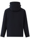 A black softshell full zip hoodie with a hood, featuring a sleek, smooth design and a logo.