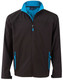 A black softshell jacket with contrast teal accents and a central zip. Features two zippered pockets and a collar.