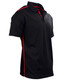 A black short sleeve polo shirt with contrast red detailing and a logo on the chest.
