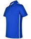 A blue short sleeve polo shirt featuring white contrast stripes and a logo.