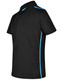 A black short sleeve polo shirt with contrast blue detailing and a logo on the chest.