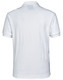 A white men's polo shirt featuring a logo, with a classic collar and short sleeves.