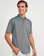 A grey men's polo shirt featuring contrast turquoise detailing and a logo. Short sleeves and a classic collar design.