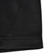 A close-up of a black sustainable poly/cotton polo shirt showing the hem and stitching details. Features a logo.