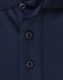 A navy blue polo shirt featuring three buttons and a collar, with a logo on the fabric.