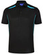 A black polo shirt featuring turquoise contrast stripes and a logo on the collar.