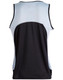 A men's sprint singlet featuring a black body and light blue mesh panels, with a logo on the back.